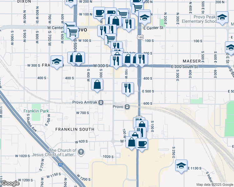map of restaurants, bars, coffee shops, grocery stores, and more near 525 South Freedom Boulevard in Provo