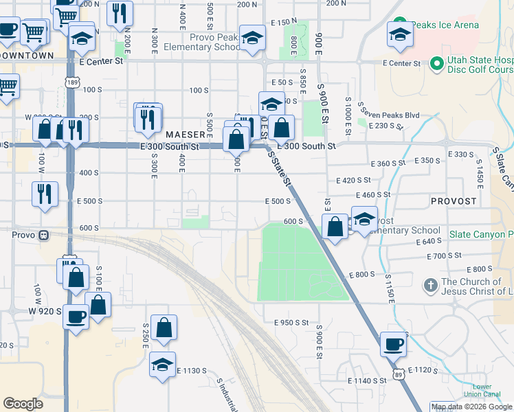 map of restaurants, bars, coffee shops, grocery stores, and more near 688 East 500 North in Provo