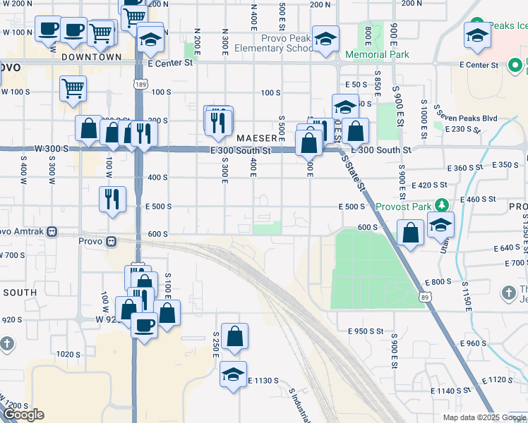 map of restaurants, bars, coffee shops, grocery stores, and more near 444 East 500 South in Provo