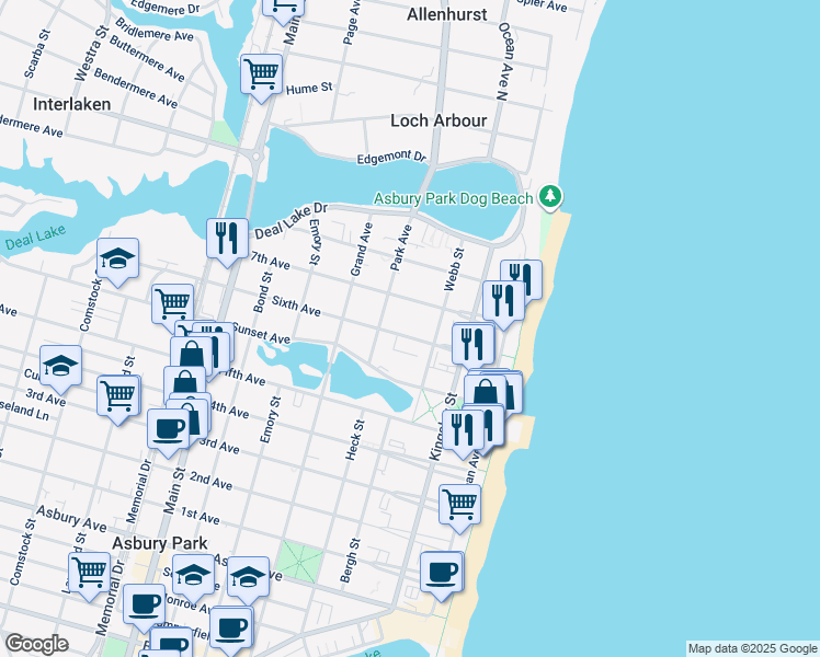 map of restaurants, bars, coffee shops, grocery stores, and more near 317 6th Avenue in Asbury Park