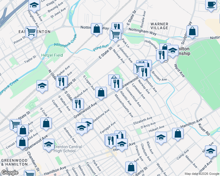 map of restaurants, bars, coffee shops, grocery stores, and more near 233 Massachusetts Avenue in Hamilton Township