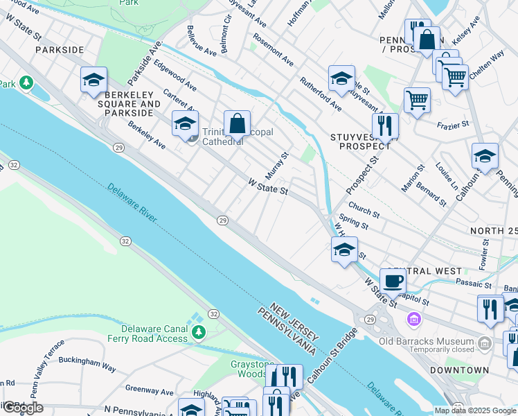 map of restaurants, bars, coffee shops, grocery stores, and more near 17 Atterbury Avenue in Trenton