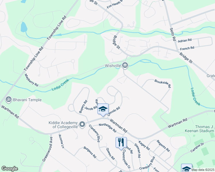 map of restaurants, bars, coffee shops, grocery stores, and more near 154 Lincoln Road in Collegeville