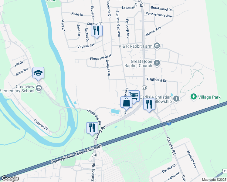 map of restaurants, bars, coffee shops, grocery stores, and more near 1408 Bradley Drive in Carlisle