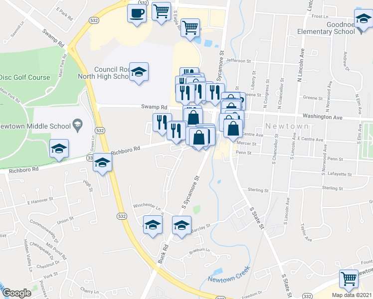 map of restaurants, bars, coffee shops, grocery stores, and more near 150 Cambridge Lane in Newtown