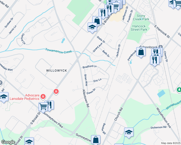 map of restaurants, bars, coffee shops, grocery stores, and more near 788 Keith Lane in Lansdale