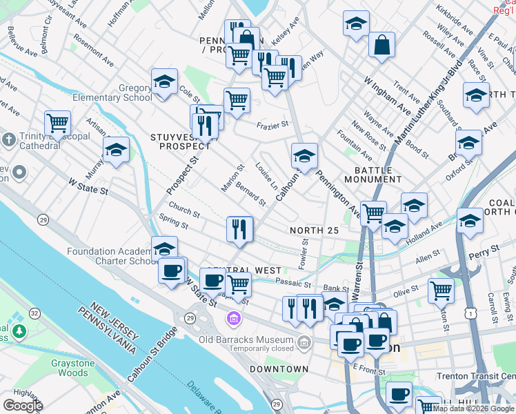 map of restaurants, bars, coffee shops, grocery stores, and more near 243 Bernard Street in Trenton