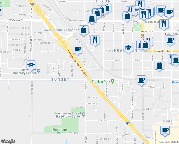 map of restaurants, bars, coffee shops, grocery stores, and more near 1025 West 500 South in Provo