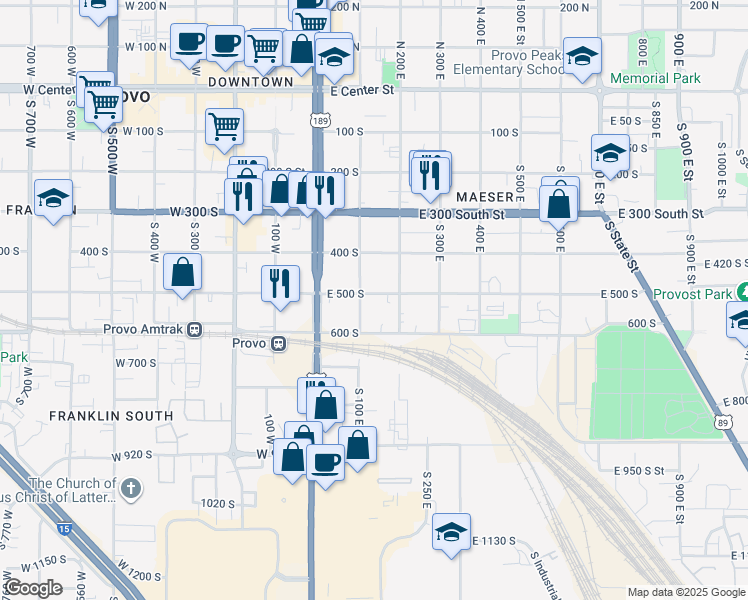 map of restaurants, bars, coffee shops, grocery stores, and more near 134 East 500 South in Provo
