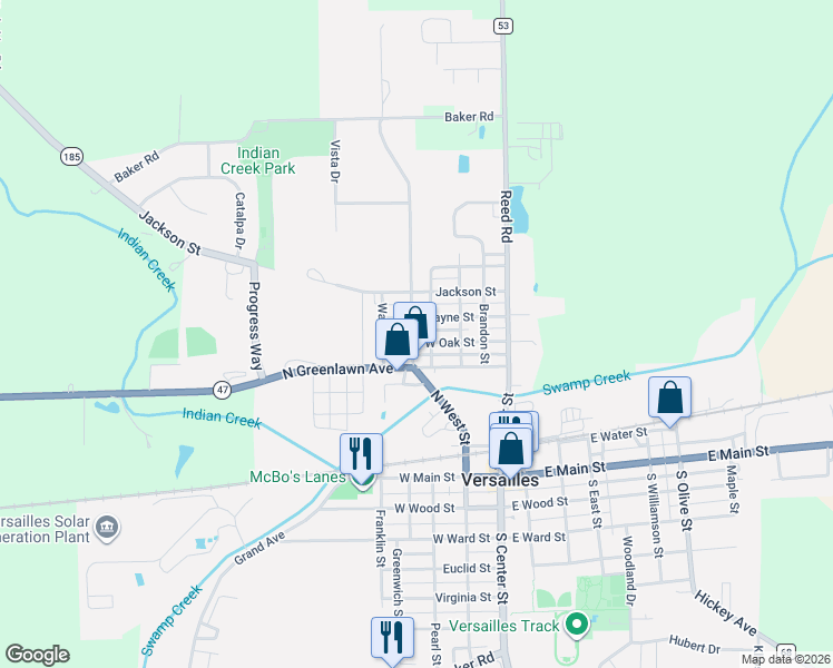 map of restaurants, bars, coffee shops, grocery stores, and more near 437 North West Street in Versailles