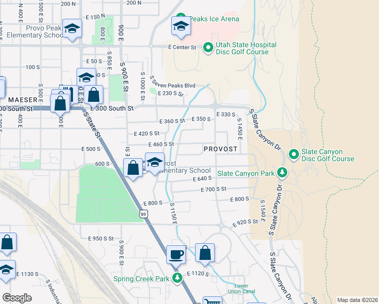 map of restaurants, bars, coffee shops, grocery stores, and more near 1231 East 520 South Street in Provo