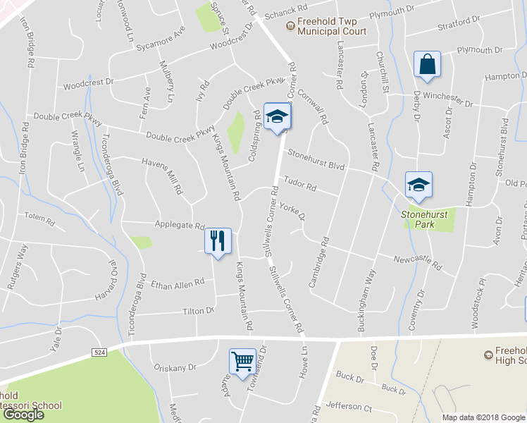 map of restaurants, bars, coffee shops, grocery stores, and more near 131 Stillwells Corner Road in Freehold