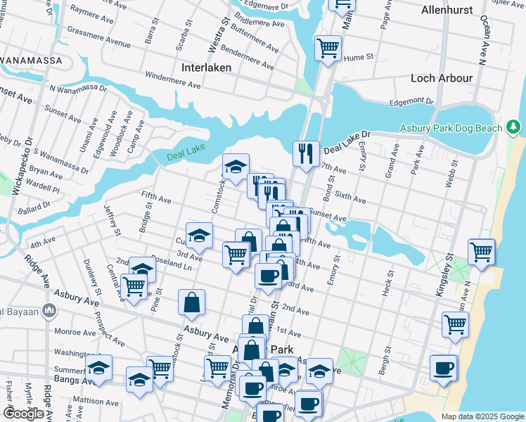 map of restaurants, bars, coffee shops, grocery stores, and more near 904 Sunset Avenue in Asbury Park