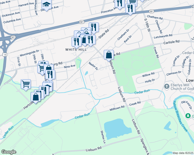 map of restaurants, bars, coffee shops, grocery stores, and more near 2120 Wentworth Dr in Camp Hill