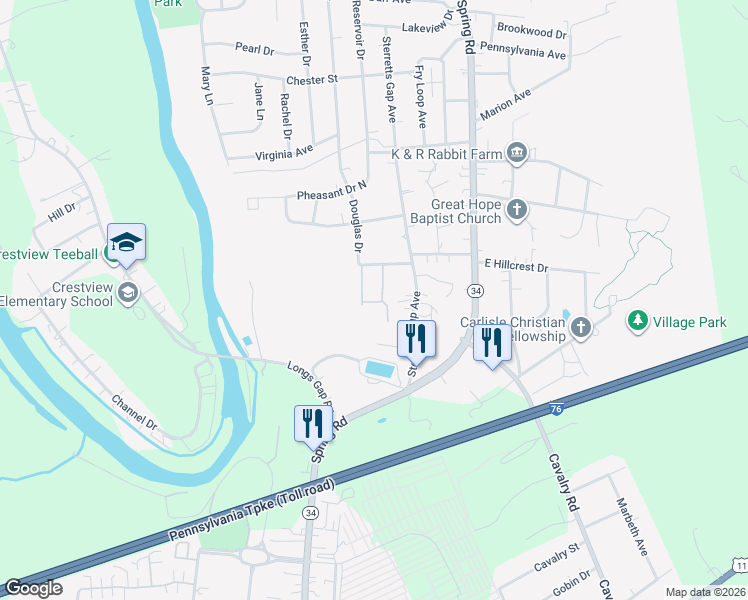 map of restaurants, bars, coffee shops, grocery stores, and more near 1408 Bradley Drive in Carlisle