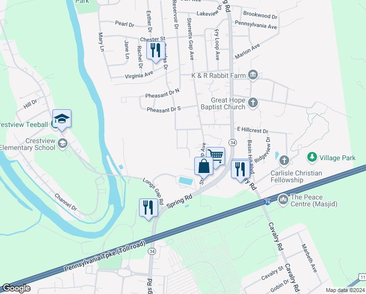 map of restaurants, bars, coffee shops, grocery stores, and more near 1406 Bradley Drive in Carlisle