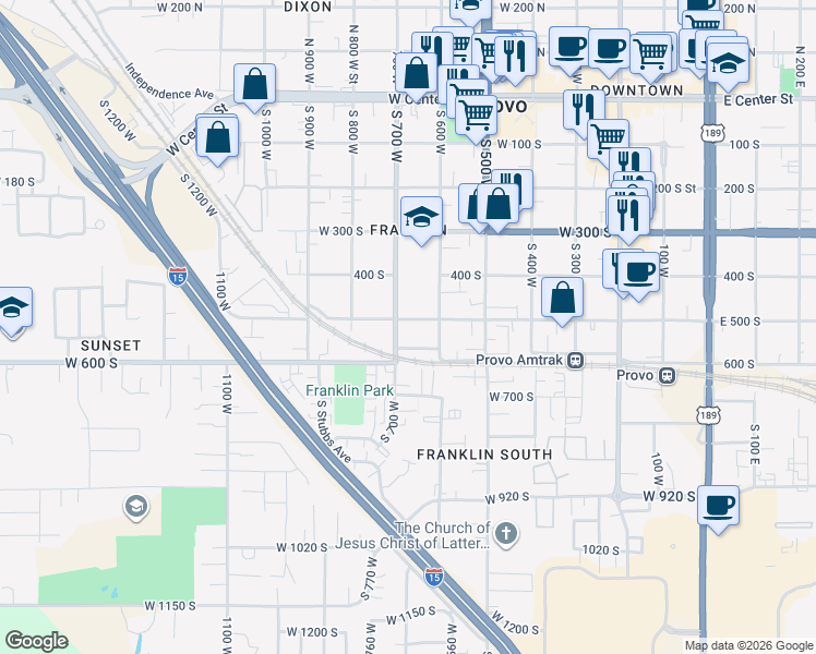 map of restaurants, bars, coffee shops, grocery stores, and more near 671 West 500 South in Provo