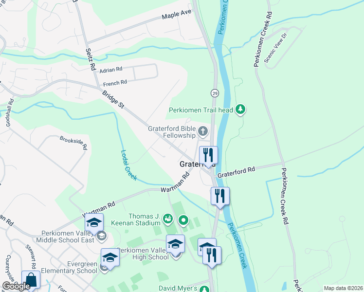 map of restaurants, bars, coffee shops, grocery stores, and more near 130 Bridge Street in Collegeville
