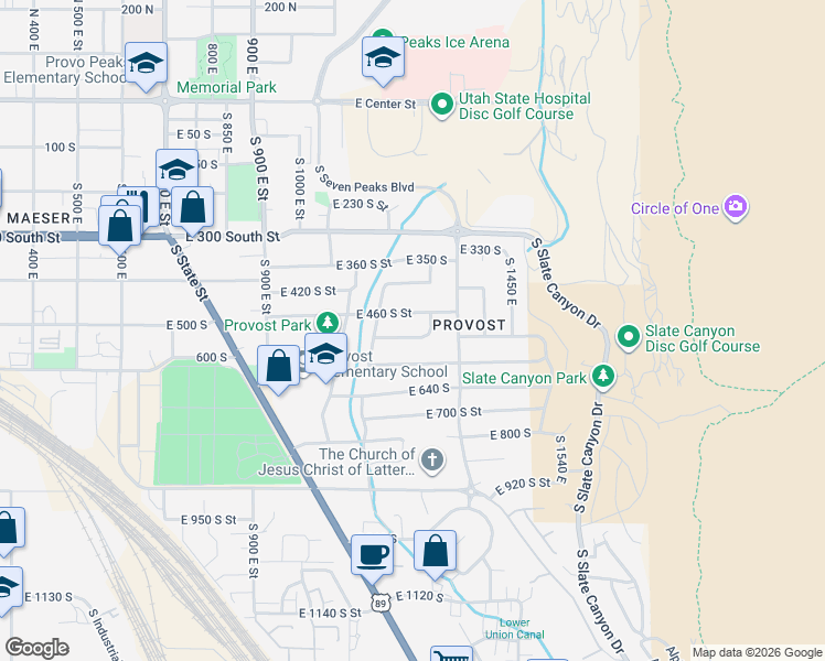 map of restaurants, bars, coffee shops, grocery stores, and more near 1257 East 520 South Street in Provo