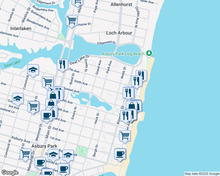map of restaurants, bars, coffee shops, grocery stores, and more near 313 6th Avenue in Asbury Park