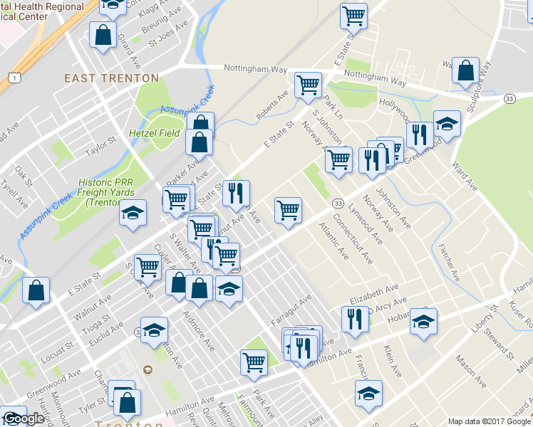 map of restaurants, bars, coffee shops, grocery stores, and more near 219 Woodlawn Avenue in Trenton