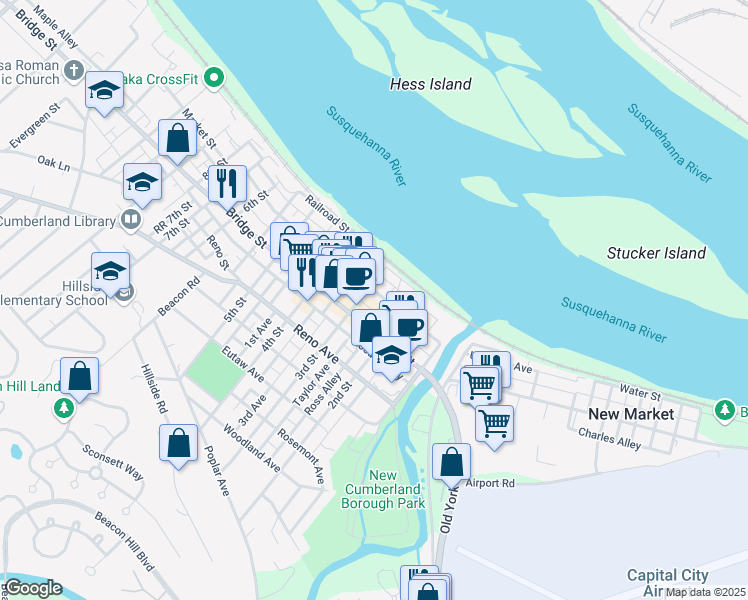 map of restaurants, bars, coffee shops, grocery stores, and more near 228 Market Street in New Cumberland