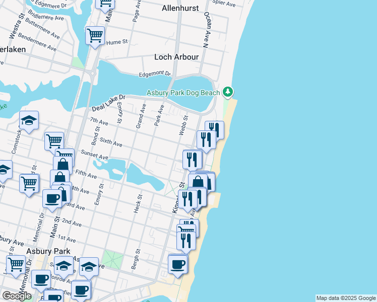 map of restaurants, bars, coffee shops, grocery stores, and more near 1501 Ocean Avenue in Asbury Park