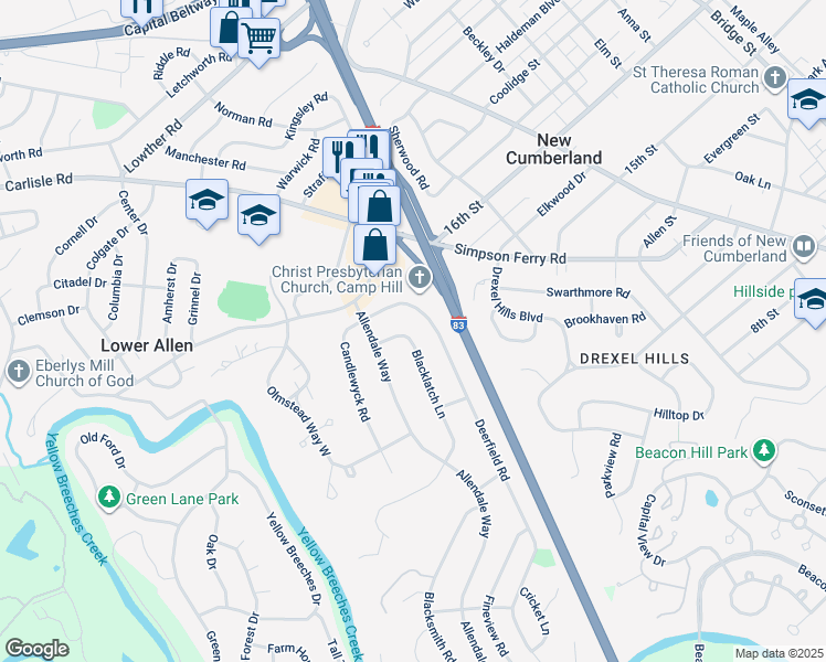 map of restaurants, bars, coffee shops, grocery stores, and more near 427 Blacklatch Ln in Camp Hill
