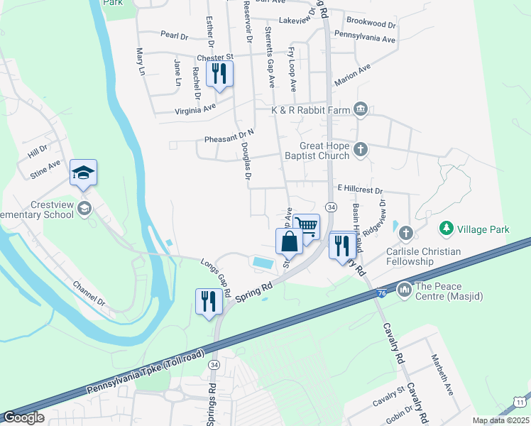 map of restaurants, bars, coffee shops, grocery stores, and more near 1401 Bradley Drive in Carlisle