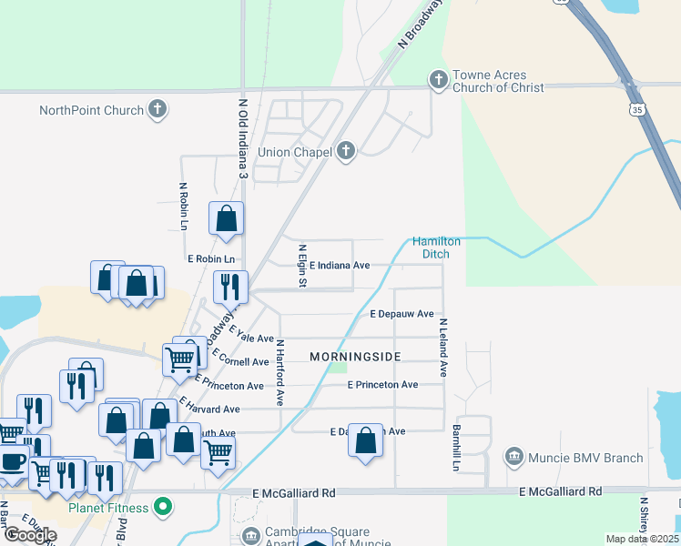 map of restaurants, bars, coffee shops, grocery stores, and more near 2021 East Indiana Avenue in Muncie