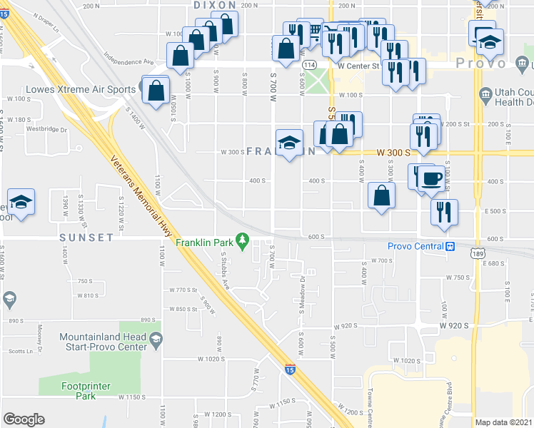 map of restaurants, bars, coffee shops, grocery stores, and more near 763 West 500 South in Provo