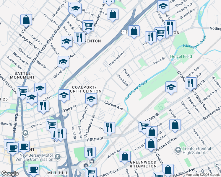 map of restaurants, bars, coffee shops, grocery stores, and more near 48 Sheridan Avenue in Trenton