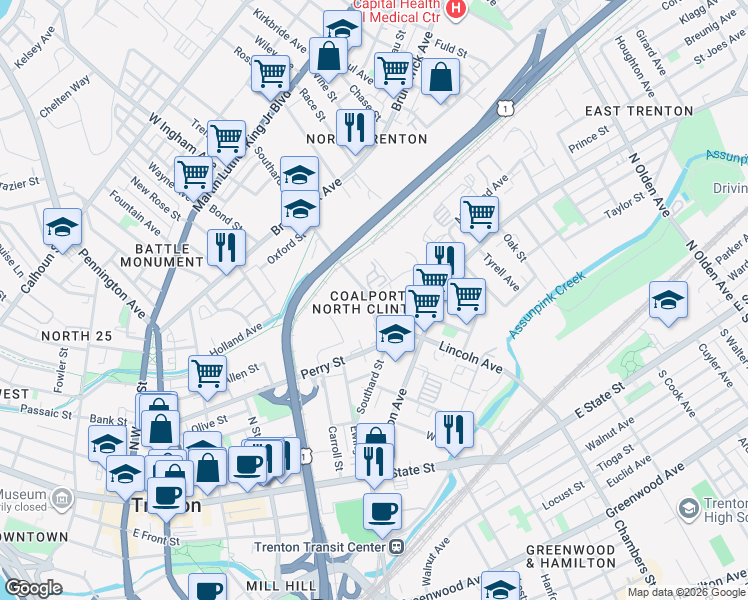 map of restaurants, bars, coffee shops, grocery stores, and more near in Trenton