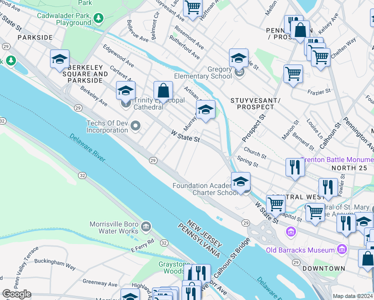 map of restaurants, bars, coffee shops, grocery stores, and more near 17 Atterbury Avenue in Trenton