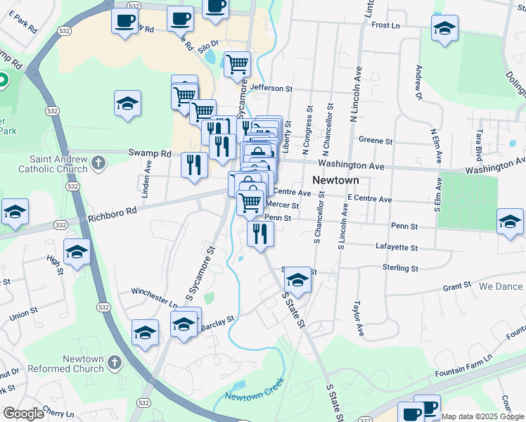 map of restaurants, bars, coffee shops, grocery stores, and more near 120 South State Street in Newtown