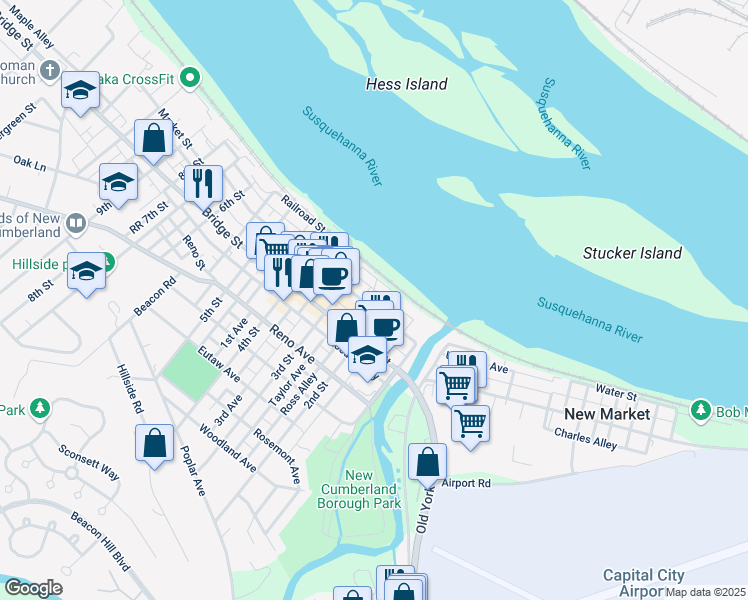 map of restaurants, bars, coffee shops, grocery stores, and more near 207 Walnut Alley in New Cumberland