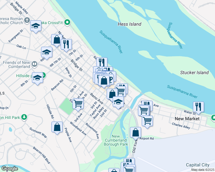 map of restaurants, bars, coffee shops, grocery stores, and more near in New Cumberland