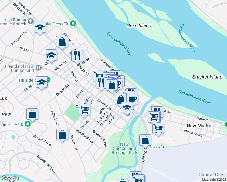 map of restaurants, bars, coffee shops, grocery stores, and more near in New Cumberland