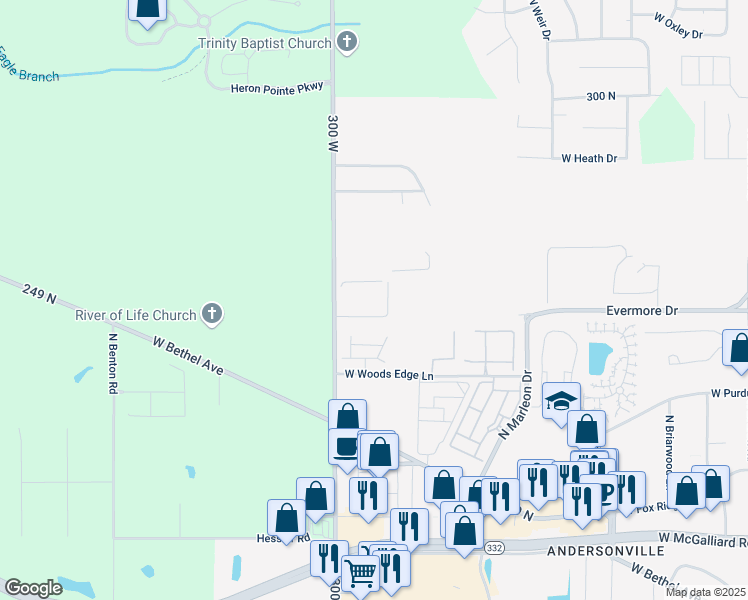 map of restaurants, bars, coffee shops, grocery stores, and more near 4100 North Morrison Road in Muncie