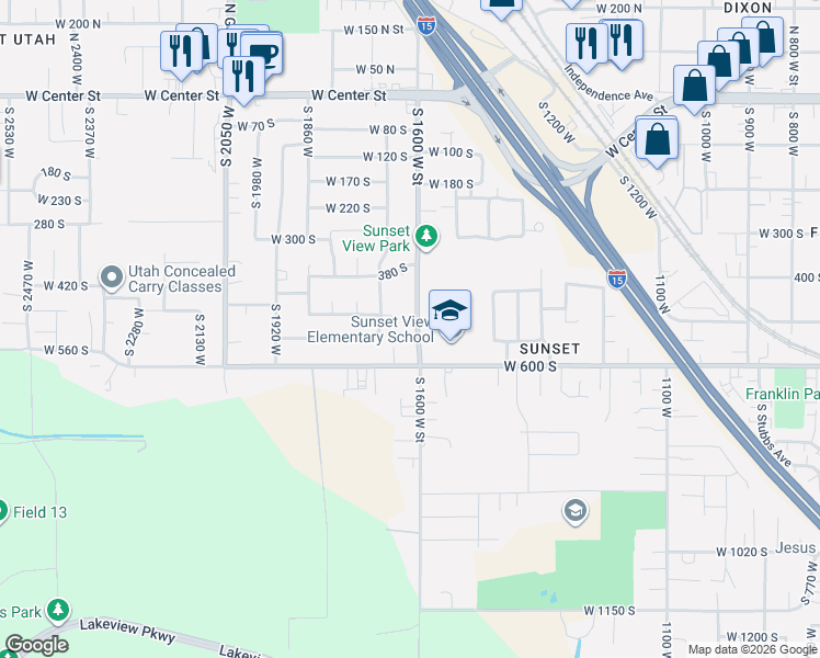 map of restaurants, bars, coffee shops, grocery stores, and more near 527 South 1600 West Street in Provo
