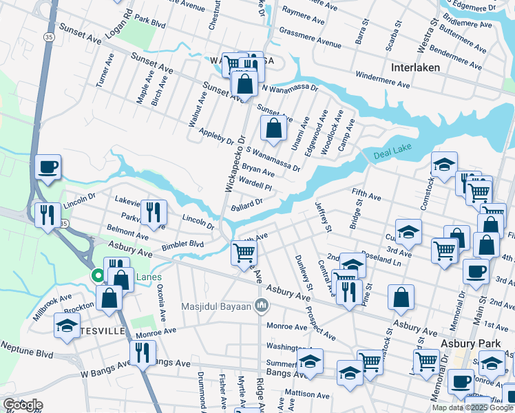 map of restaurants, bars, coffee shops, grocery stores, and more near 50 Ballard Drive in Wanamassa