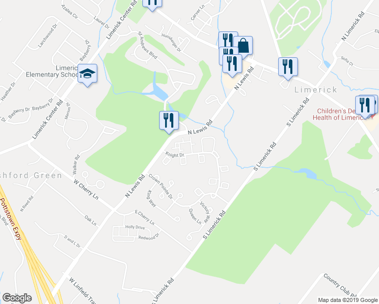 map of restaurants, bars, coffee shops, grocery stores, and more near 5205 Drawbridge Court in Royersford