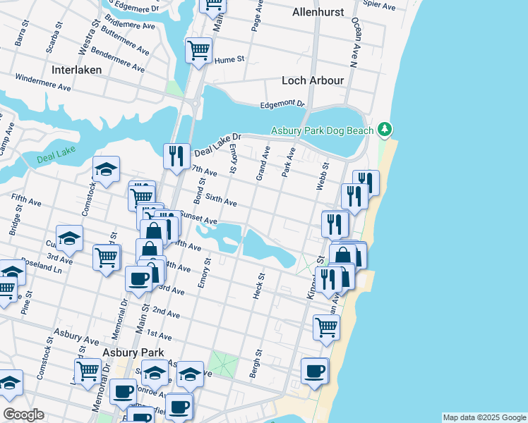 map of restaurants, bars, coffee shops, grocery stores, and more near 407 6th Avenue in Asbury Park