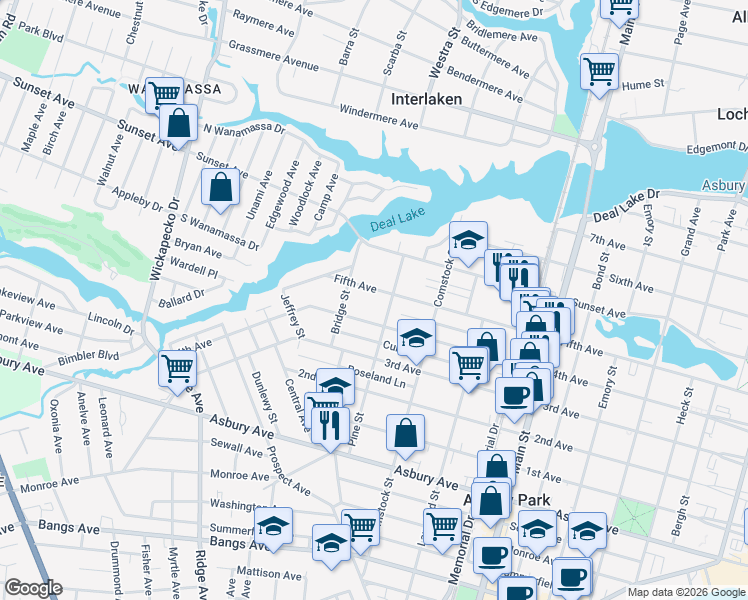 map of restaurants, bars, coffee shops, grocery stores, and more near 1206 5th Ave in Asbury Park