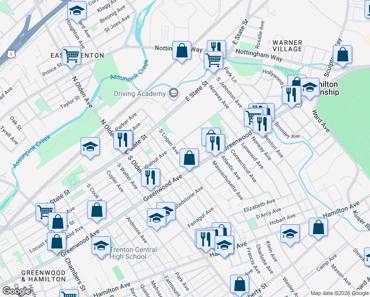 map of restaurants, bars, coffee shops, grocery stores, and more near 219 Woodlawn Avenue in Trenton