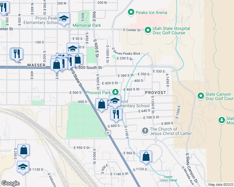 map of restaurants, bars, coffee shops, grocery stores, and more near 500 Utah Avenue in Provo