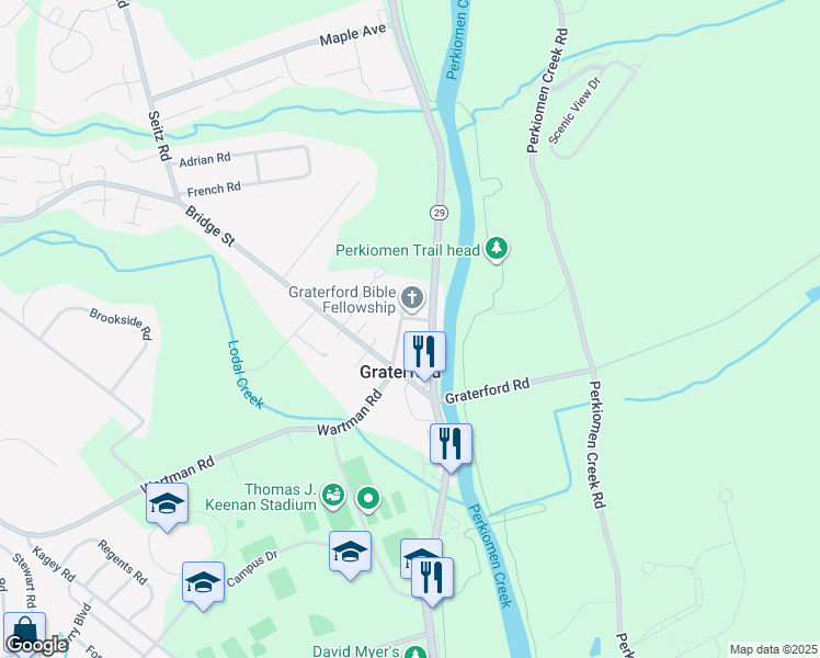 map of restaurants, bars, coffee shops, grocery stores, and more near 682 Church Road in Collegeville