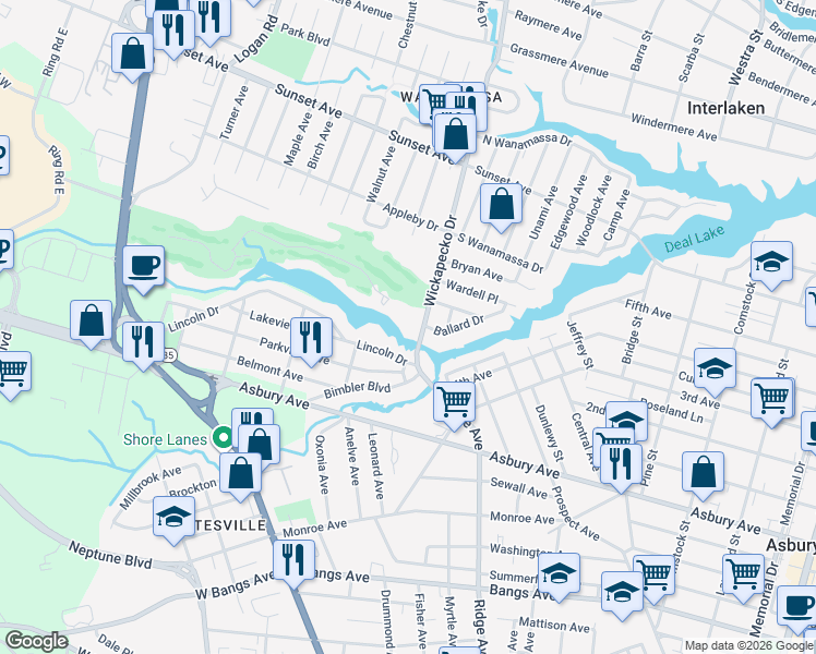 map of restaurants, bars, coffee shops, grocery stores, and more near 1001 Wickapecko Drive in Ocean Township