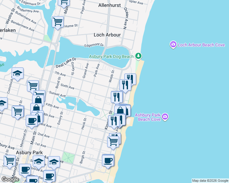 map of restaurants, bars, coffee shops, grocery stores, and more near 1501 Ocean Avenue in Asbury Park