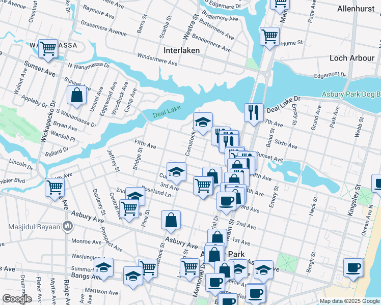map of restaurants, bars, coffee shops, grocery stores, and more near 1011 5th Avenue in Asbury Park
